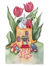 Watercolor stump and bunny tulip and easter eggs illustration