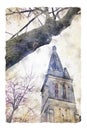 Watercolor style and abstract illustration of ancient gothic cathedral and bare trees
