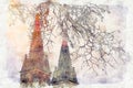 Watercolor style and abstract illustration of ancient gothic cathedral and bare trees