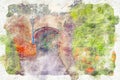 Watercolor style and abstract illustration of background of old brick wall covered with moss in the street Royalty Free Stock Photo