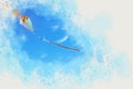 watercolor style abstract illustration of colorful kite flying in the blue sky. Royalty Free Stock Photo