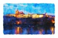 Watercolor style and abstract illustration of Prague at night. Cathedral and palace view