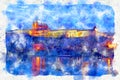 Watercolor style and abstract illustration of Prague at night. Cathedral and palace view