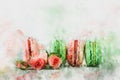 watercolor style and abstract illustration of romantic colorful macaron or macaroon over pastel background.