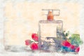 Watercolor style and abstract illustration of vintage perfume bottle