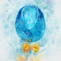 watercolor style and abstract image of Blue shiny sequined party Hat next to yellow bow