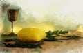 Watercolor style and abstract image of Jewish festival of Sukkot. Traditional symbols The four species: Etrog, lulav, hadas,