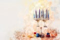 watercolor style and abstract image of jewish holiday Hanukkah with menorah & x28;traditional candelabra