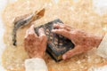 Watercolor style and abstract image of Old Jewish man hands holding a Prayer book. Jewish traditional symbols.