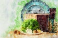 watercolor style and abstract image of Pesah celebration concept & x28;jewish Passover holiday& x29;.