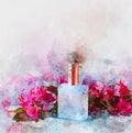 watercolor style and abstract image of vintage perfume bottle.