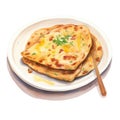 Watercolor-Style Aloo Paratha Indian Dish On White Plate with White Background