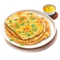 Watercolor-Style Aloo Paratha Indian Dish On White Plate with White Background