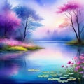 watercolor style beautiful dreamy landscape of forest