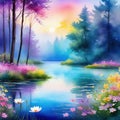 watercolor style beautiful dreamy landscape of forest