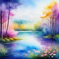 watercolor style beautiful dreamy landscape of forest