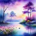 watercolor style beautiful dreamy landscape of forest