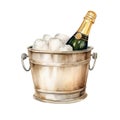 Watercolor-Style a bottle of champagne in a cooler bucket with ice with White Background Royalty Free Stock Photo