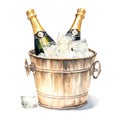 Watercolor-Style a bottle of champagne in a cooler bucket with ice with White Background Royalty Free Stock Photo