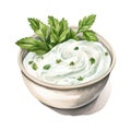 Watercolor-Style Bowl of sour cream dip sauce with herbs isolated on white background, top view Royalty Free Stock Photo