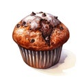 Watercolor-Style chocolate muffin with White Background