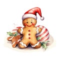 Watercolor-Style christmas gingerbread man cookies with santa hat and candy with White Background Royalty Free Stock Photo