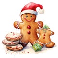 Watercolor-Style christmas gingerbread man cookies with santa hat and candy with White Background Royalty Free Stock Photo