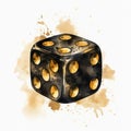 Watercolor-Style 3D Black Gold Dice Element with White Background