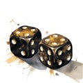 Watercolor-Style 3D Black Gold Dice Element with White Background