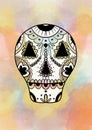 Day of the dead skull mask with ornaments for Dias de los Muertos and Halloween. Hand drawn, colorful watercolor style background.