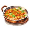 Watercolor-Style Delicious Indian butter chicken curry with White Background