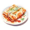 Watercolor-Style Delicious Plate Enchiladas with White Background