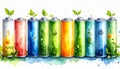 Watercolor Style Diverse Battery Array with Green Leaf Sprouts on White Royalty Free Stock Photo
