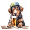 Watercolor-Style a dog with hat drinking beer in bar with White Background Royalty Free Stock Photo