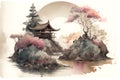 Watercolor style drawing of Japanese landscape with garden and house of traditional architecture. Royalty Free Stock Photo