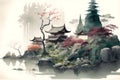 Watercolor style drawing of Japanese landscape with garden and house of traditional architecture. Royalty Free Stock Photo