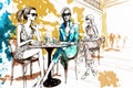 Watercolor style fashion illustration of beautiful women having fun and eating tapas on the terrace of a restaurant