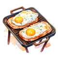 Watercolor-Style fried eggs laying on toasters with White Background