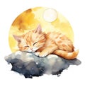 Watercolor style - happy cat sleeping against yellow moon with white background Royalty Free Stock Photo