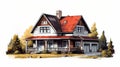 Watercolor Style House Illustration With Red Roof