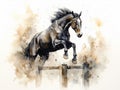 watercolor amazing jumping horse jumping a very high hurdle, equestrian competitions, horse clip art, watercolor style, ai,