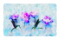 Watercolor style illustration and blue and purple flowers Royalty Free Stock Photo