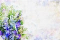 Watercolor style illustration and blue and purple flowers Royalty Free Stock Photo