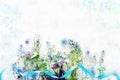 Watercolor style illustration of blue and purple flowers over white background Royalty Free Stock Photo