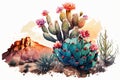 cactus flowers watercolor style illustration