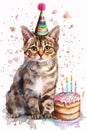 Watercolor style illustration of cat with birthday party hat, balloons, cake with 4 candles and confetti on white background Royalty Free Stock Photo