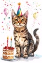 Watercolor style illustration of cat with birthday party hat, balloons, cake and confetti on white background Royalty Free Stock Photo