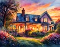 Watercolor style illustration with a cozy farmhouse at sunset. Dramatic AI generated landscape. Digital illustration. CG