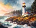 Watercolor style illustration with a desolate lighthouse on the cliff over sea at sunset. Dramatic AI generated