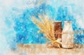 watercolor style illustration of milk and Chocolatewith wheat over table. Symbols of jewish holiday - Shavuot.